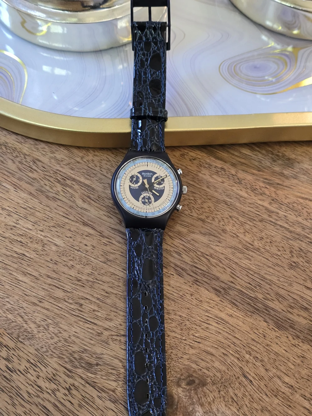 Swatch Swiss Black and Cream Chronograph Watch